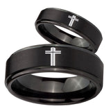 His Hers Flat Christian Cross Step Edges Brush Black Tungsten Men's Ring Set