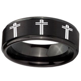10mm Multiple Christian Cross Step Edges Brush Black Tungsten Men's Band Ring