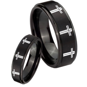 His Hers Multiple Christian Cross Step Edges Brush Black Tungsten Mens Ring Set