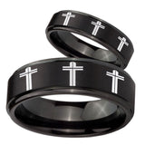 His Hers Multiple Christian Cross Step Edges Brush Black Tungsten Mens Ring Set