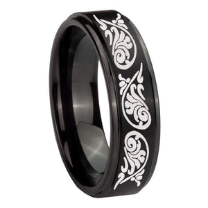 10mm Etched Tribal Pattern Step Edges Brush Black Tungsten Wedding Band Mens