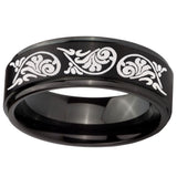 10mm Etched Tribal Pattern Step Edges Brush Black Tungsten Wedding Band Mens