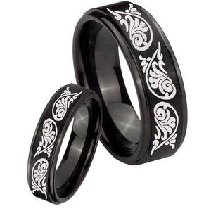 His Hers Etched Tribal Pattern Step Edges Brush Black Tungsten Custom Mens Ring Set