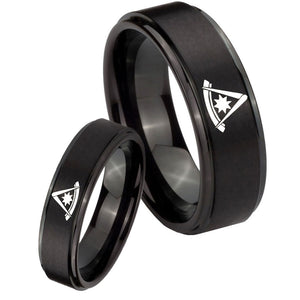 His Hers Pester Master Masonic Step Edges Brush Black Tungsten Custom Ring Set