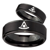 His Hers Pester Master Masonic Step Edges Brush Black Tungsten Custom Ring Set