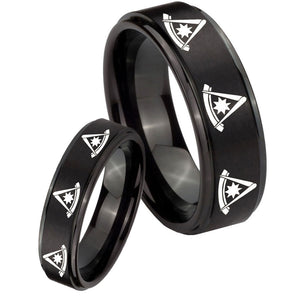 His Hers Multiple Pester Master Masonic Step Edges Brush Black Tungsten Men's Ring Set