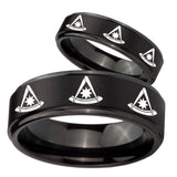 His Hers Multiple Pester Master Masonic Step Edges Brush Black Tungsten Men's Ring Set