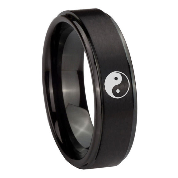 10mm Yin Yang Step Edges Brush Black Tungsten Carbide Anniversary Ring