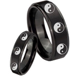 His Hers Multiple Yin Yang Step Edges Brush Black Tungsten Mens Bands Ring Set