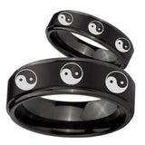 His Hers Multiple Yin Yang Step Edges Brush Black Tungsten Mens Bands Ring Set