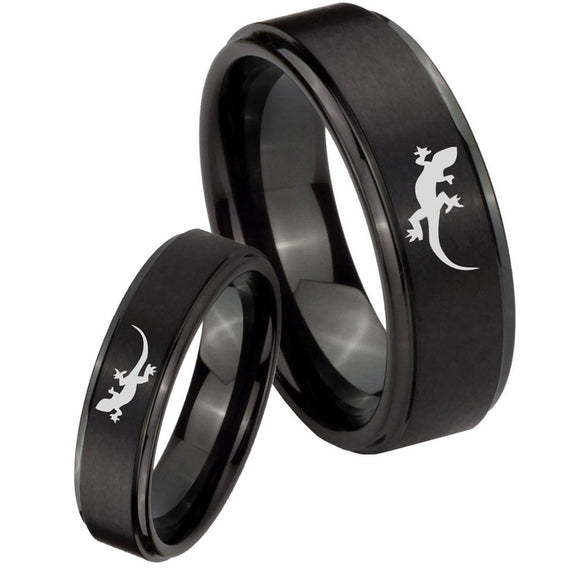 Bride and Groom Lizard Step Edges Brush Black Tungsten Men's Bands Ring Set