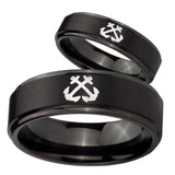 His Hers Anchor Step Edges Brush Black Tungsten Men's Engagement Band Set