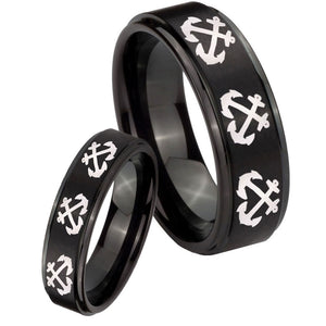 His Hers Multiple Anchor Step Edges Brush Black Tungsten Mens Ring Set