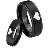 Bride and Groom Heart Step Edges Brush Black Tungsten Mens Wedding Band Set