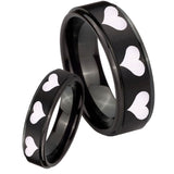 His Hers Multiple Heart Step Edges Brush Black Tungsten Men's Wedding Band Set