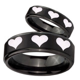 His Hers Multiple Heart Step Edges Brush Black Tungsten Men's Wedding Band Set