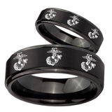 His Hers Multiple Marine Step Edges Brush Black Tungsten Men's Ring Set