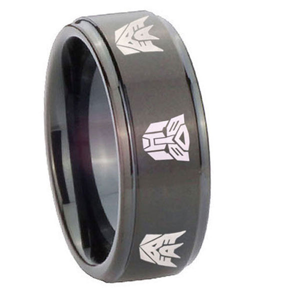 10mm Transformers Autobot Decepticon Step Edges Brush Black Tungsten Men's Band Ring