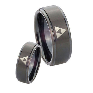 Bride and Groom Zelda Triforce Step Edges Brush Black Tungsten Men's Ring Set