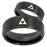 Bride and Groom Zelda Triforce Step Edges Brush Black Tungsten Men's Ring Set