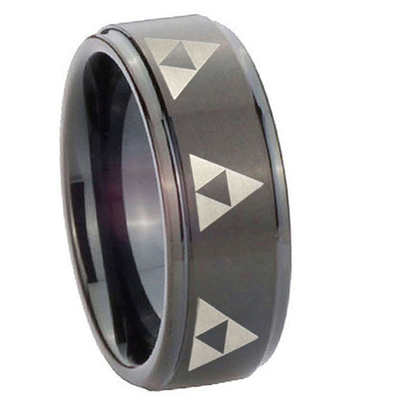 10mm Multiple Zelda Triforce Step Edges Brush Black Tungsten Wedding Band Ring