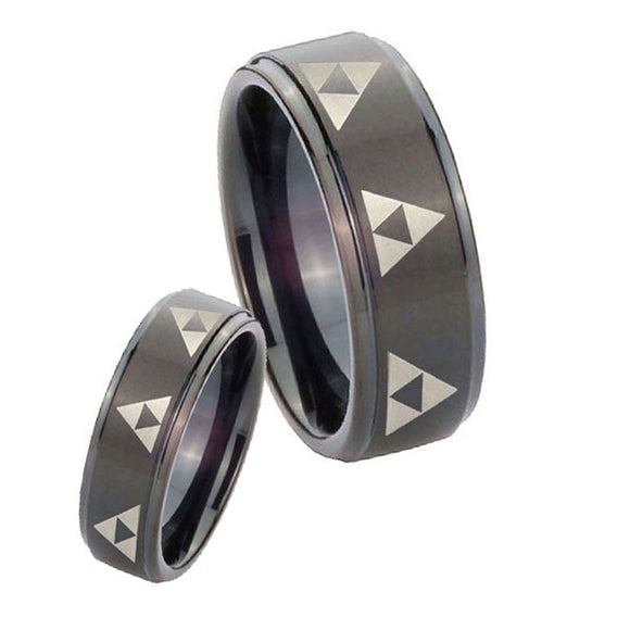 His Hers Multiple Zelda Triforce Step Edges Brush Black Tungsten Ring Set