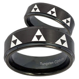 His Hers Multiple Zelda Triforce Step Edges Brush Black Tungsten Ring Set