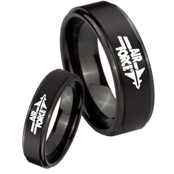 His Hers Step Edge Air Force Black Tungsten Carbide Wedding Rings Set