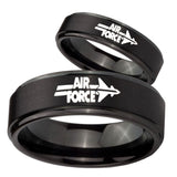 His Hers Step Edge Air Force Black Tungsten Carbide Wedding Rings Set