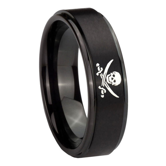 10mm Skull Pirate Step Edges Brush Black Tungsten Wedding Engagement Ring