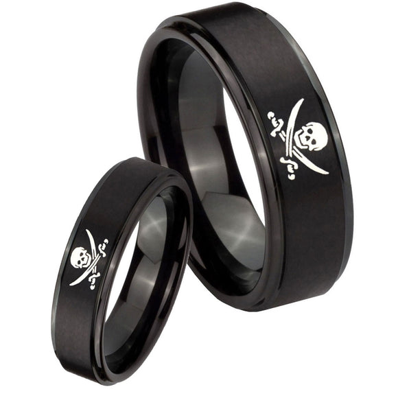 Bride and Groom Skull Pirate Step Edges Brush Black Tungsten Promise Ring Set