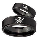 Bride and Groom Skull Pirate Step Edges Brush Black Tungsten Promise Ring Set