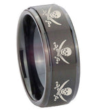 10mm Multiple Skull Pirate Step Edges Brush Black Tungsten Mens Engagement Ring