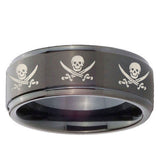 10mm Multiple Skull Pirate Step Edges Brush Black Tungsten Mens Engagement Ring