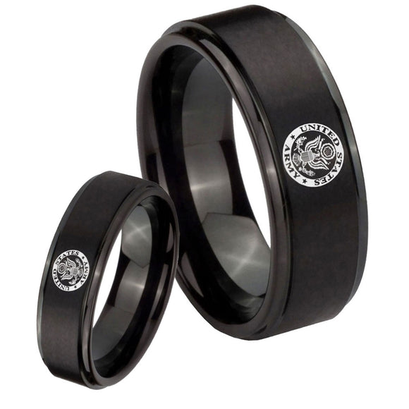 His Hers U.S. Army Step Edges Brush Black Tungsten Mens Wedding Ring Set