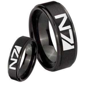 His Hers N7 Design Step Edges Brush Black Tungsten Mens Wedding Ring Set