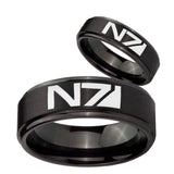 His Hers N7 Design Step Edges Brush Black Tungsten Mens Wedding Ring Set