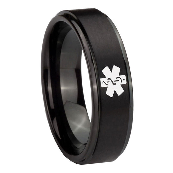 10mm Medical Alert Step Edges Brush Black Tungsten Carbide Personalized Ring