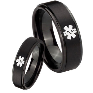 His Hers Medical Alert Step Edges Brush Black Tungsten Mens Ring Personalized Set