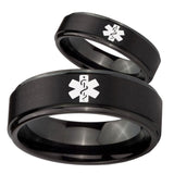 His Hers Medical Alert Step Edges Brush Black Tungsten Mens Ring Personalized Set