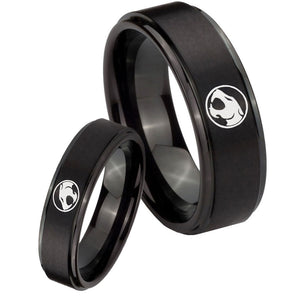 His Hers Thundercat Step Edges Brush Black Tungsten Mens Wedding Band Set