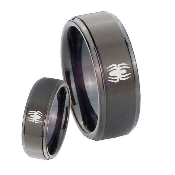 His Hers Spiderman Step Edges Brush Black Tungsten Wedding Engraving Ring Set