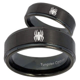 His Hers Spiderman Step Edges Brush Black Tungsten Wedding Engraving Ring Set