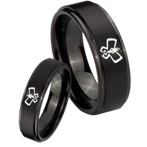 His and Hers Monarch Step Edges Brush Black Tungsten Men's Wedding Band Set