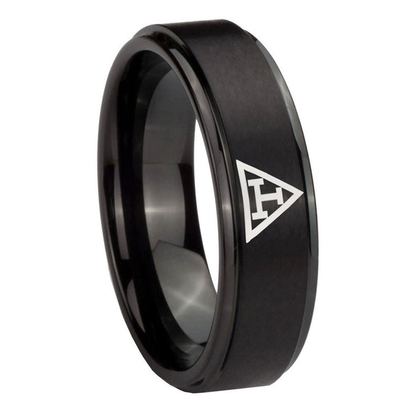 10mm Masonic Triple Step Edges Brush Black Tungsten Carbide Wedding Band Mens