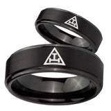 His Hers Masonic Triple Step Edges Brush Black Tungsten Mens Wedding Ring Set