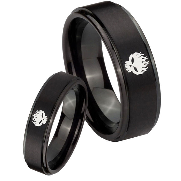 His Hers Offspring Step Edges Brush Black Tungsten Men's Wedding Ring Set