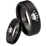 Bride and Groom Crown Step Edges Brush Black Tungsten Carbide Promise Ring Set