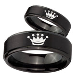 Bride and Groom Crown Step Edges Brush Black Tungsten Carbide Promise Ring Set