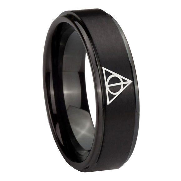 10mm Deathly Hallows Step Edges Brush Black Tungsten Carbide Anniversary Ring